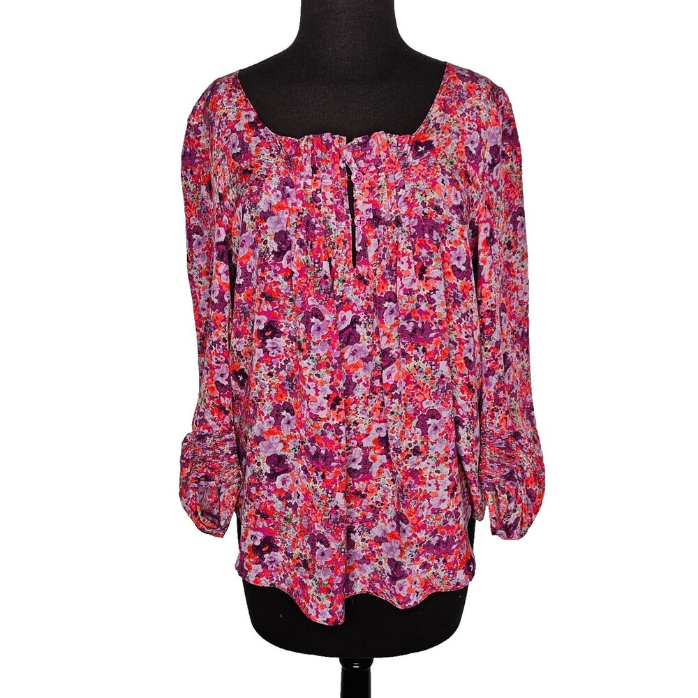 REBECCA TAYLOR 100% Silk Floral Blouse 2 Pink Purple Pleated Ruffle Peasant Boho